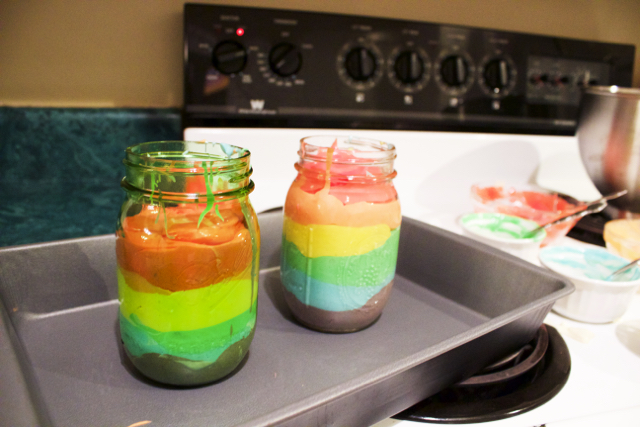 mason jar rainbow cake prep